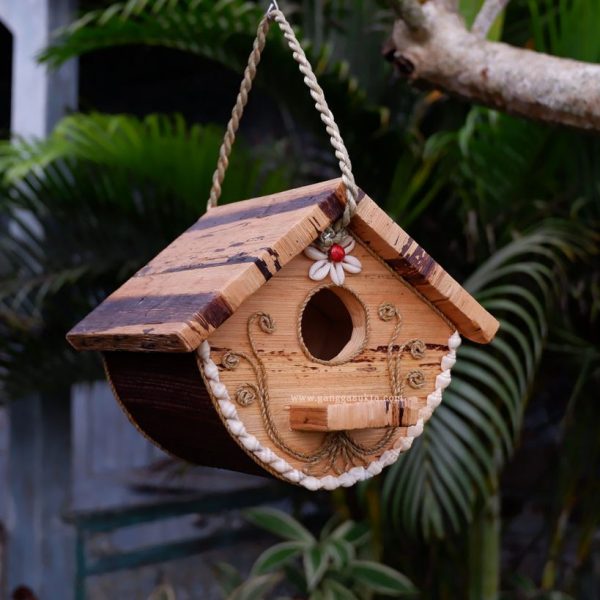 Simple Design Wooden Bird House with Banana Barks Flowers Motif Natural Colors with Capiz Frame Hanging Garden Decoration