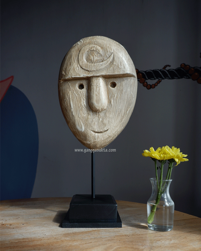 Wooden Primitive Mask Hand Carved with Metal Stand