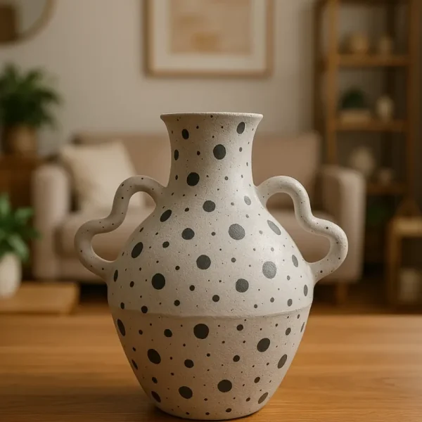 Terracotta Double-Handled Vase with Polka Dot Pattern – Artistic Home Decor with a Natural and Modern Touch