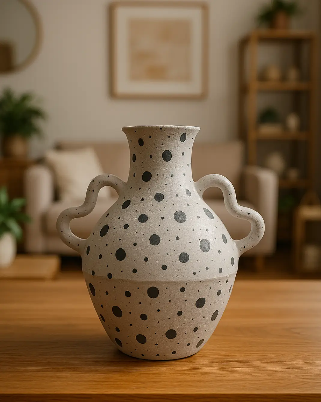 gambar-2 Terracotta Double-Handled Vase with Polka Dot Pattern – Artistic Home Decor with a Natural and Modern Touch