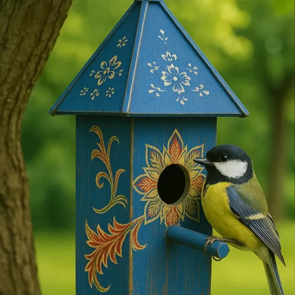 Hexagonal Wooden Birdhouse Hand Painted Batik Motif